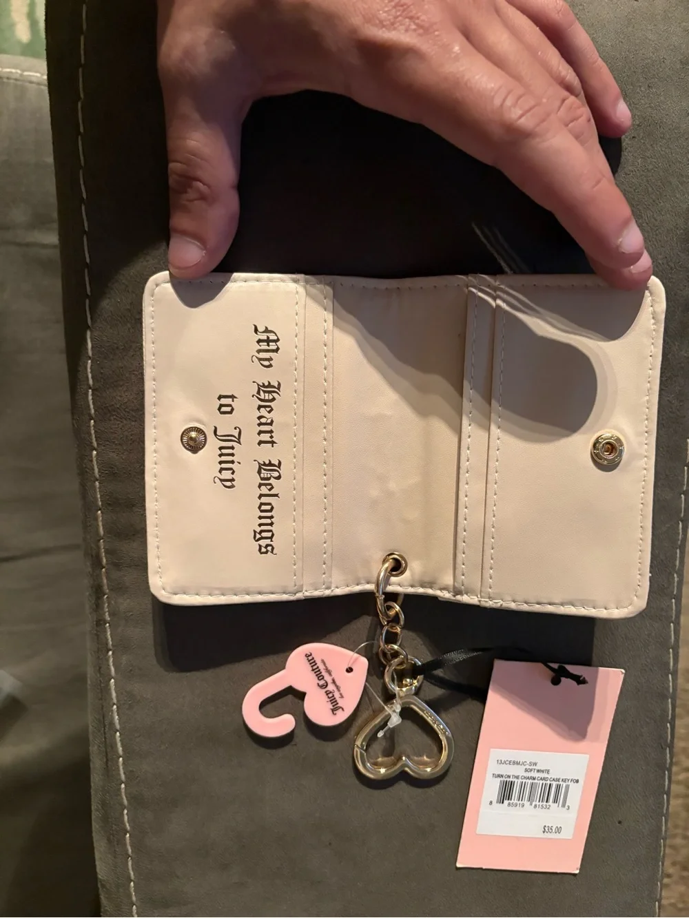 Juicy Couture White Card Case Key Holder with Pink Charm Accents